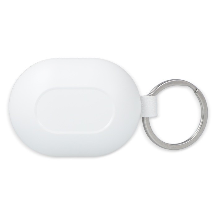 Auriculares pequeños en estuche del tamaño de un llavero color blanco tercera vista