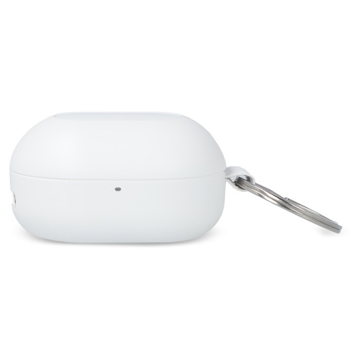 Auriculares pequeños en estuche del tamaño de un llavero color blanco cuarta vista