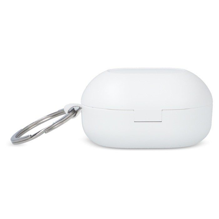 Auriculares pequeños en estuche del tamaño de un llavero color blanco quinta vista