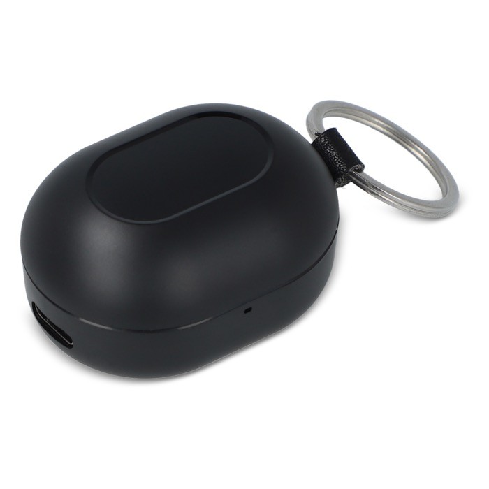 Auriculares pequeños en estuche del tamaño de un llavero color negro segunda vista