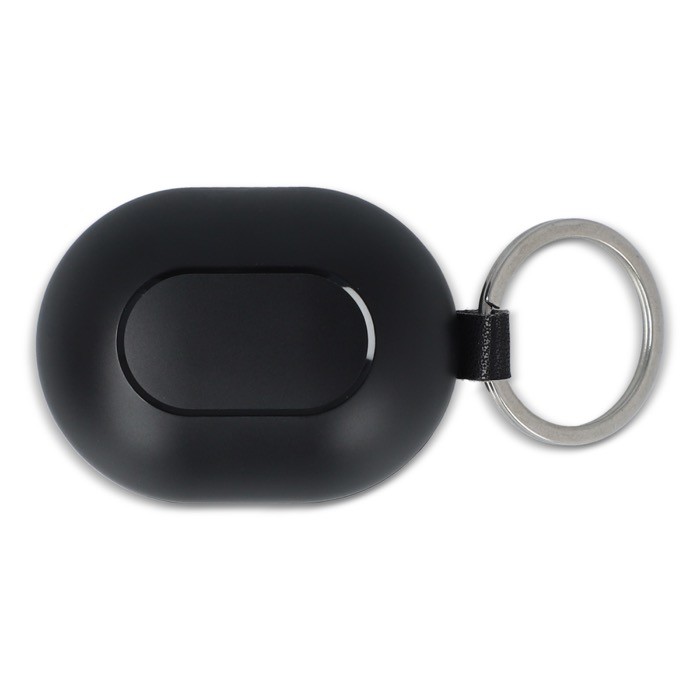 Auriculares pequeños en estuche del tamaño de un llavero color negro tercera vista