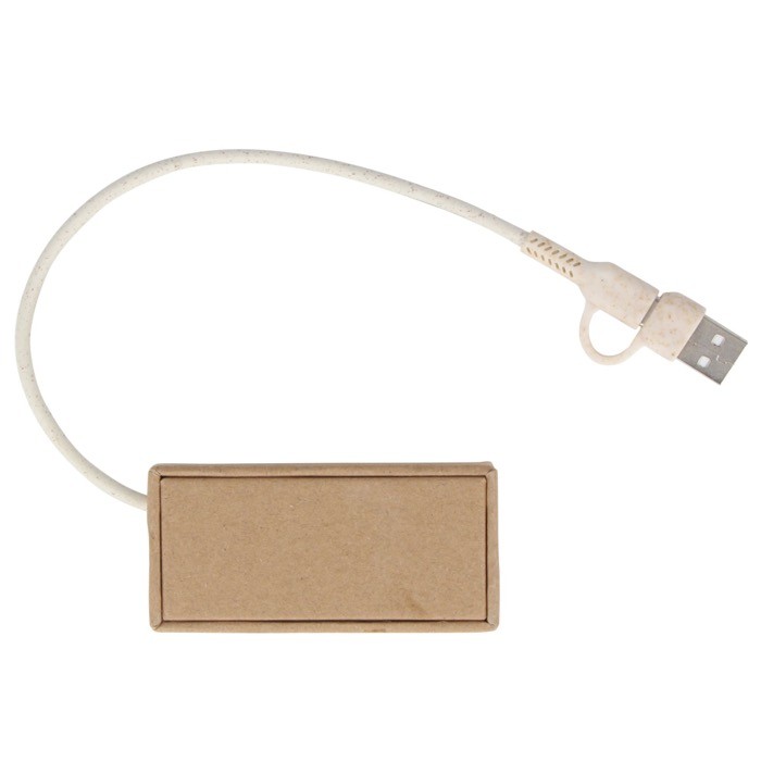Hub hecho de papel reciclado con 2 entradas USB y uno USB-C color natural tercera vista