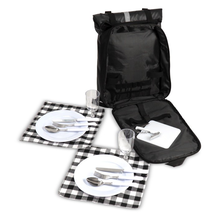 Mochila para picnic con juego de cubiertos, platos y más color negro tercera vista