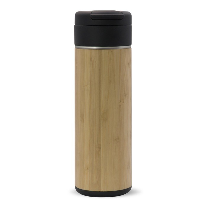Botella de doble pared con acabado de bambú y tapa abatible 400ml color madera segunda vista