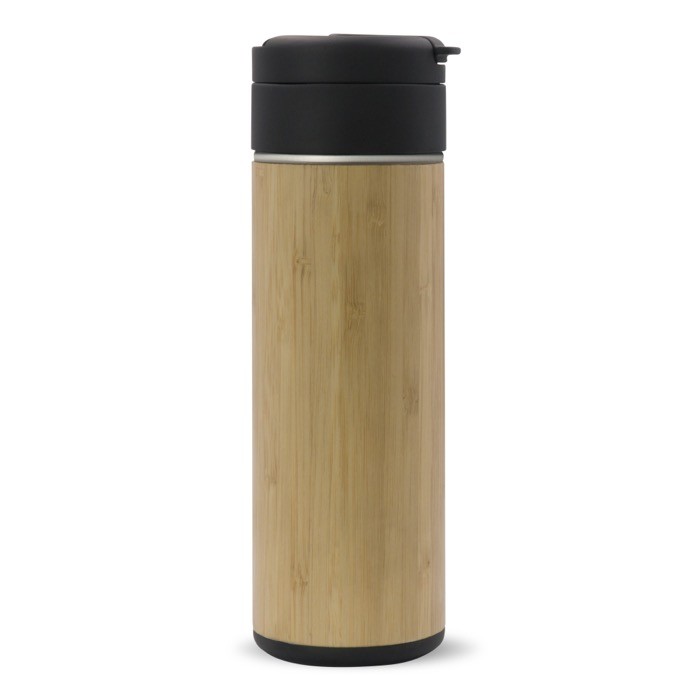 Botella de doble pared con acabado de bambú y tapa abatible 400ml color madera tercera vista