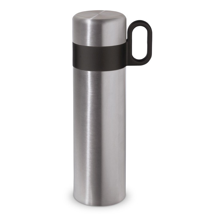 Termo de acero inoxidable con taza y asa como tapón 350ml color plateado Termo de acero inoxidable con taza y asa como tapón 350ml color plateado