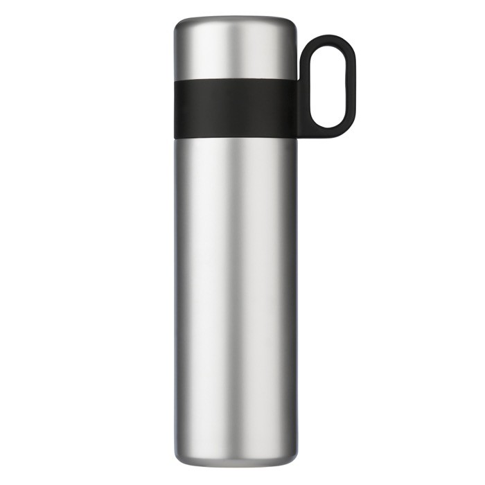 Termo de acero inoxidable con taza y asa como tapón 350ml color plateado tercera vista Termo de acero inoxidable con taza y asa como tapón 350ml color plateado tercera vista