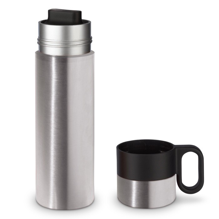 Termo de acero inoxidable con taza y asa como tapón 350ml color plateado sexta vista Termo de acero inoxidable con taza y asa como tapón 350ml color plateado sexta vista