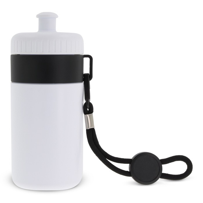 Bidón blanco libre de BPA con cordón de transporte 500ml color blanco/negro Bidón blanco libre de BPA con cordón de transporte 500ml color blanco/negro
