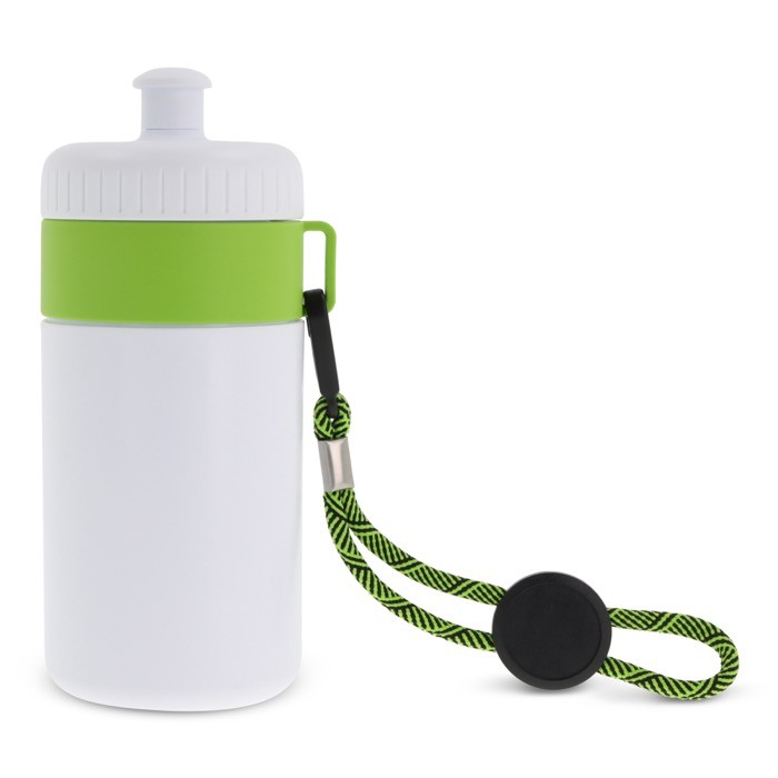 Bidón blanco libre de BPA con cordón de transporte 500ml color verde claro Bidón blanco libre de BPA con cordón de transporte 500ml color verde claro