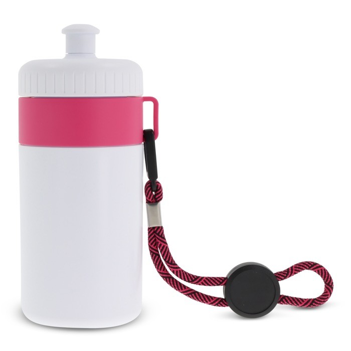 Bidón blanco libre de BPA con cordón de transporte 500ml color rosa Bidón blanco libre de BPA con cordón de transporte 500ml color rosa
