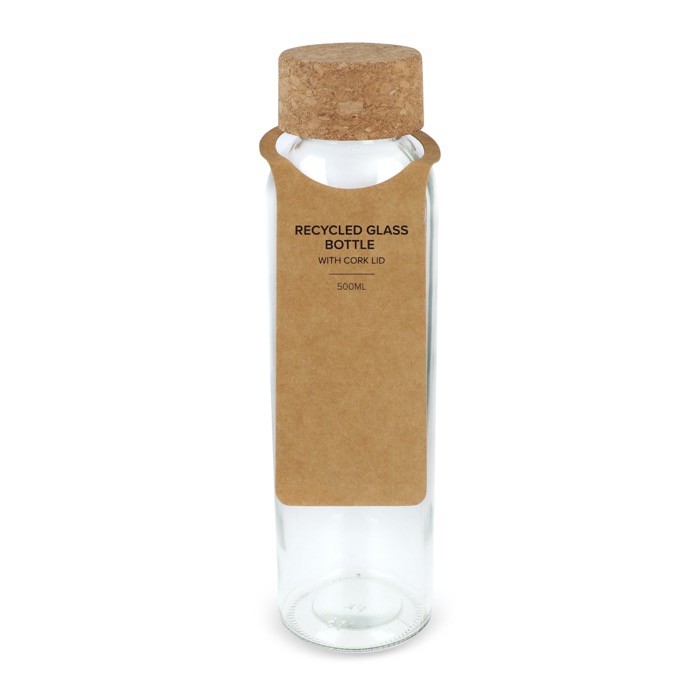 Clásica botella de vidrio reciclado con tapón de corcho 500ml color transparente segunda vista Clásica botella de vidrio reciclado con tapón de corcho 500ml color transparente segunda vista