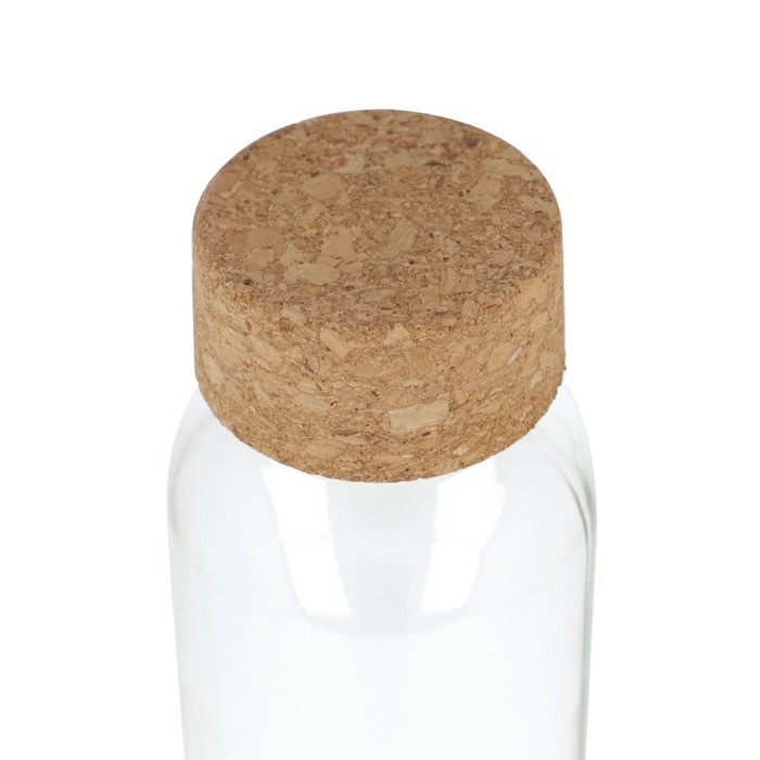 Clásica botella de vidrio reciclado con tapón de corcho 500ml color transparente cuarta vista Clásica botella de vidrio reciclado con tapón de corcho 500ml color transparente cuarta vista