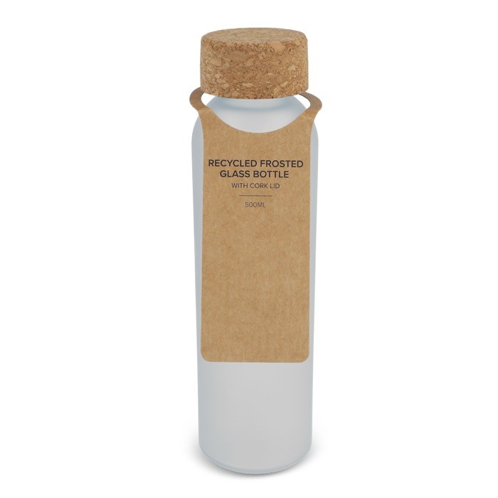 Botella de vidrio reciclado esmerilado con tapón de corcho 500ml color blanco Botella de vidrio reciclado esmerilado con tapón de corcho 500ml color blanco