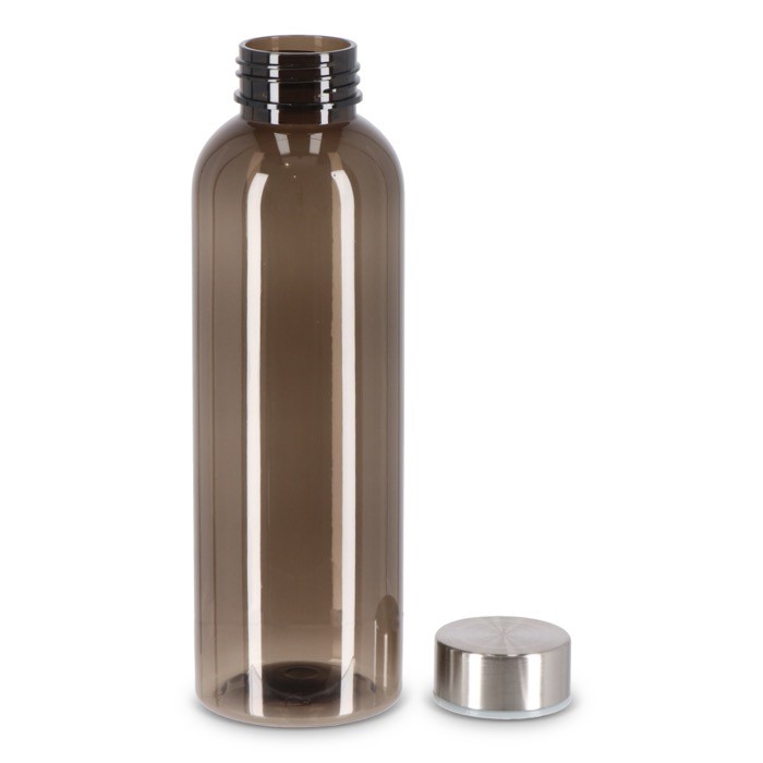 Botella de plástico reciclado con tapón plateado ideal para agua 500ml color negro transparente segunda vista Botella de plástico reciclado con tapón plateado ideal para agua 500ml color negro transparente segunda vista