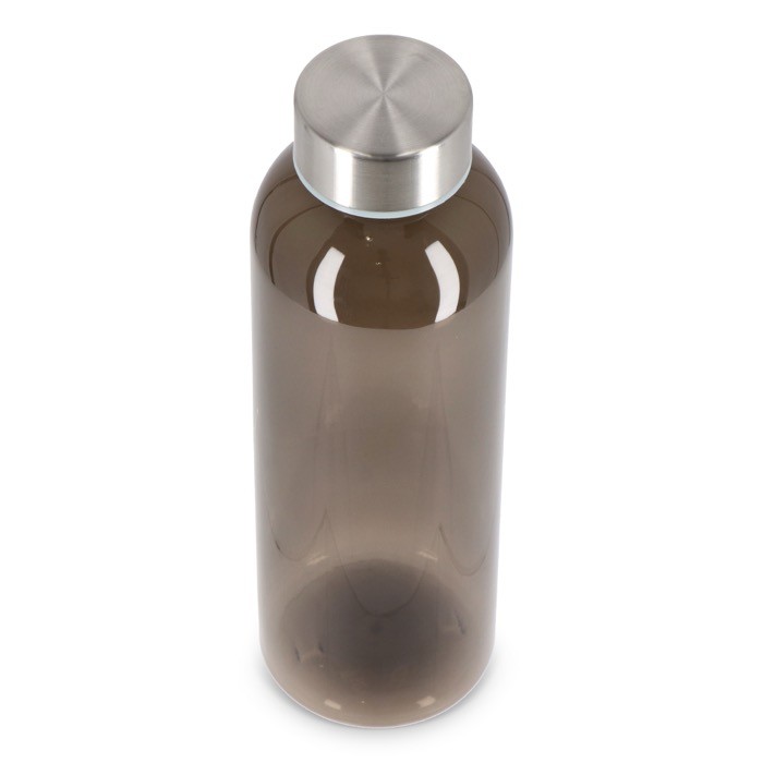 Botella de plástico reciclado con tapón plateado ideal para agua 500ml color negro transparente tercera vista Botella de plástico reciclado con tapón plateado ideal para agua 500ml color negro transparente tercera vista