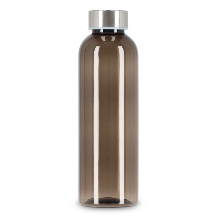 Botella de plástico reciclado con tapón plateado ideal para agua 500ml color negro transparente cuarta vista Botella de plástico reciclado con tapón plateado ideal para agua 500ml color negro transparente cuarta vista