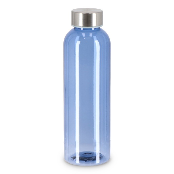 Botella de plástico reciclado con tapón plateado ideal para agua 500ml color azul transparente Botella de plástico reciclado con tapón plateado ideal para agua 500ml color azul transparente