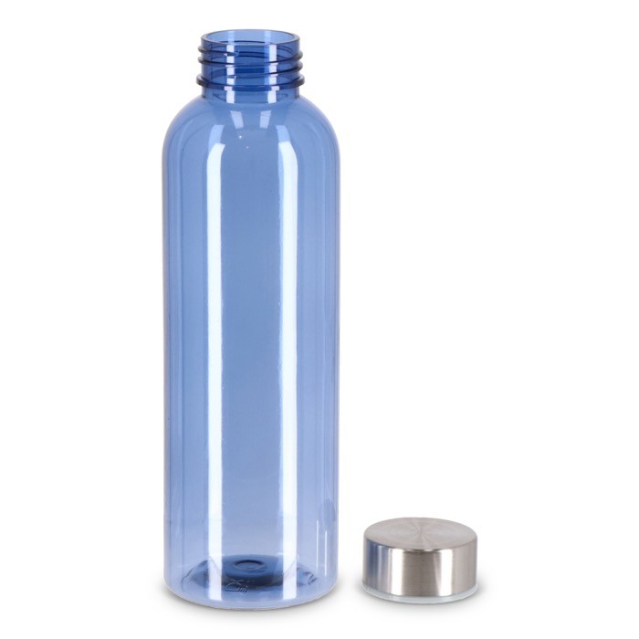 Botella de plástico reciclado con tapón plateado ideal para agua 500ml color azul transparente segunda vista Botella de plástico reciclado con tapón plateado ideal para agua 500ml color azul transparente segunda vista