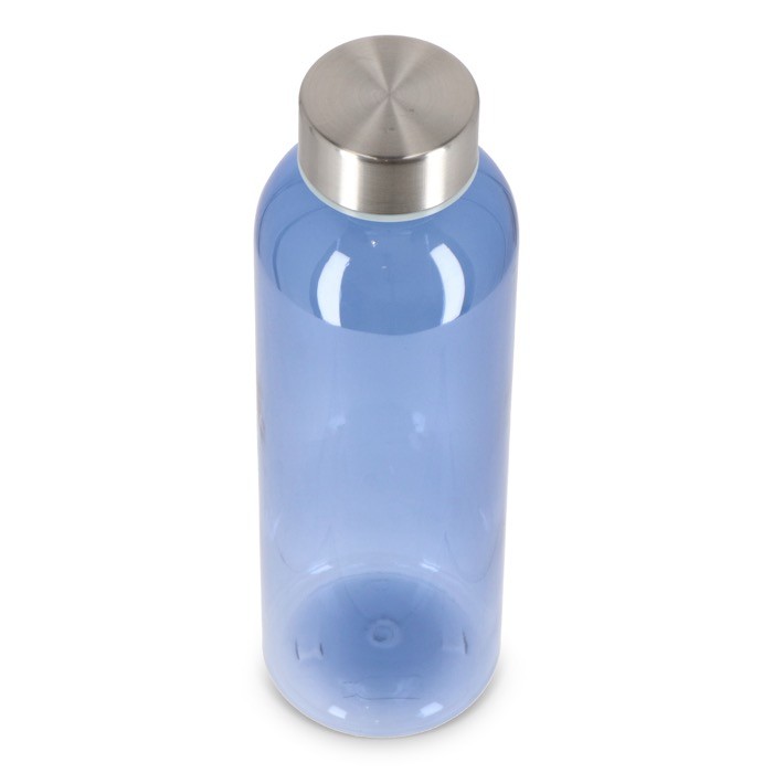 Botella de plástico reciclado con tapón plateado ideal para agua 500ml color azul transparente tercera vista Botella de plástico reciclado con tapón plateado ideal para agua 500ml color azul transparente tercera vista