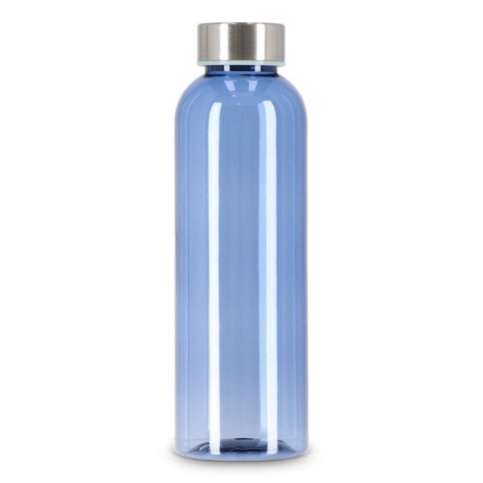 Botella de plástico reciclado con tapón plateado ideal para agua 500ml color azul transparente cuarta vista Botella de plástico reciclado con tapón plateado ideal para agua 500ml color azul transparente cuarta vista