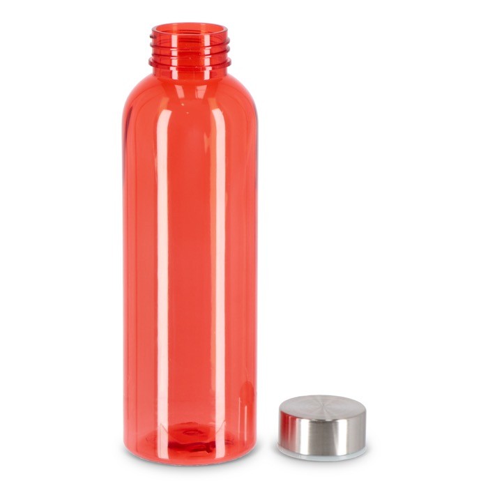 Botella de plástico reciclado con tapón plateado ideal para agua 500ml color rojo transparente segunda vista Botella de plástico reciclado con tapón plateado ideal para agua 500ml color rojo transparente segunda vista