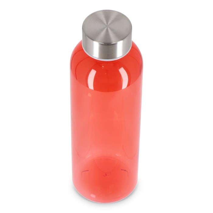 Botella de plástico reciclado con tapón plateado ideal para agua 500ml color rojo transparente tercera vista Botella de plástico reciclado con tapón plateado ideal para agua 500ml color rojo transparente tercera vista