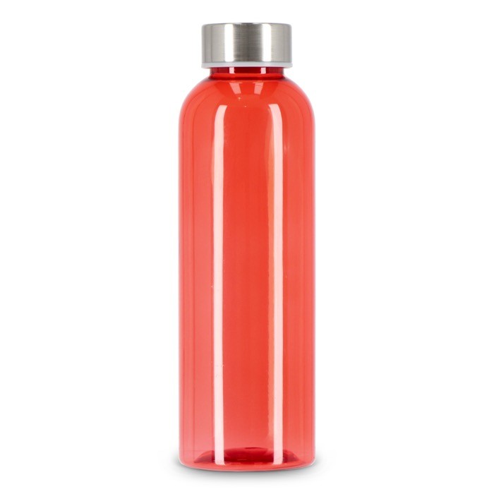 Botella de plástico reciclado con tapón plateado ideal para agua 500ml color rojo transparente cuarta vista Botella de plástico reciclado con tapón plateado ideal para agua 500ml color rojo transparente cuarta vista