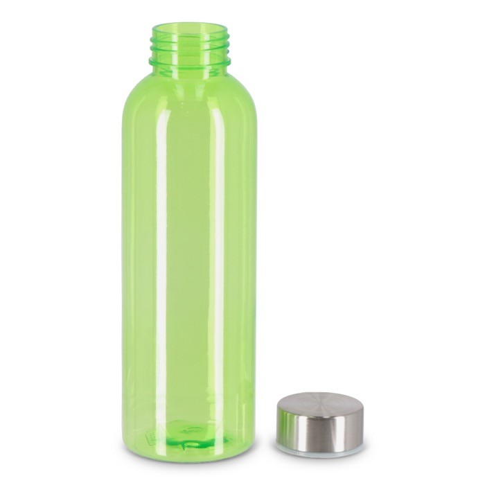 Botella de plástico reciclado con tapón plateado ideal para agua 500ml color verde lima transparente segunda vista Botella de plástico reciclado con tapón plateado ideal para agua 500ml color verde lima transparente segunda vista