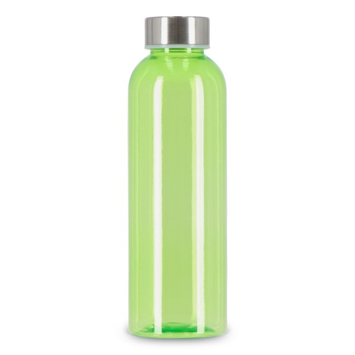Botella de plástico reciclado con tapón plateado ideal para agua 500ml color verde lima transparente cuarta vista Botella de plástico reciclado con tapón plateado ideal para agua 500ml color verde lima transparente cuarta vista