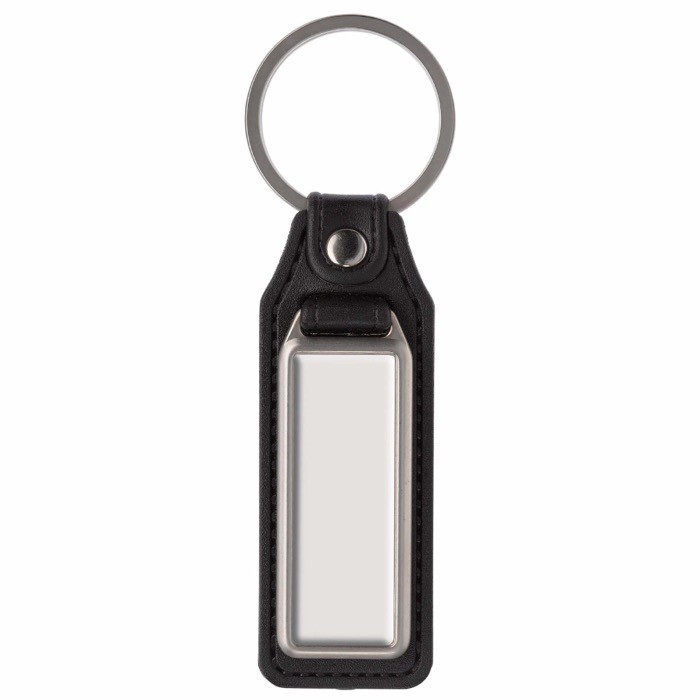 Llavero de metal rectangular con mosquetón y cuero sintético color negro segunda vista Llavero de metal rectangular con mosquetón y cuero sintético color negro segunda vista