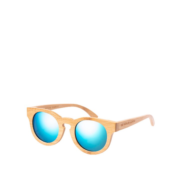 Gafas de bambú con lentes efecto espejo en bolsa con cierre de cordón vista principal