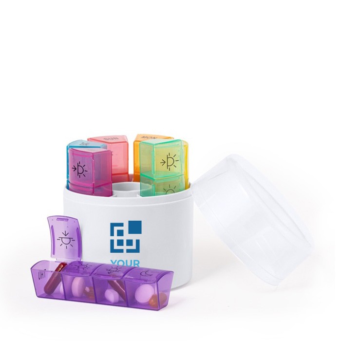 Pastillero cilíndrico de 7 compartimientos con 4 divisiones vista principal Pastillero cilíndrico de 7 compartimientos con 4 divisiones vista principal