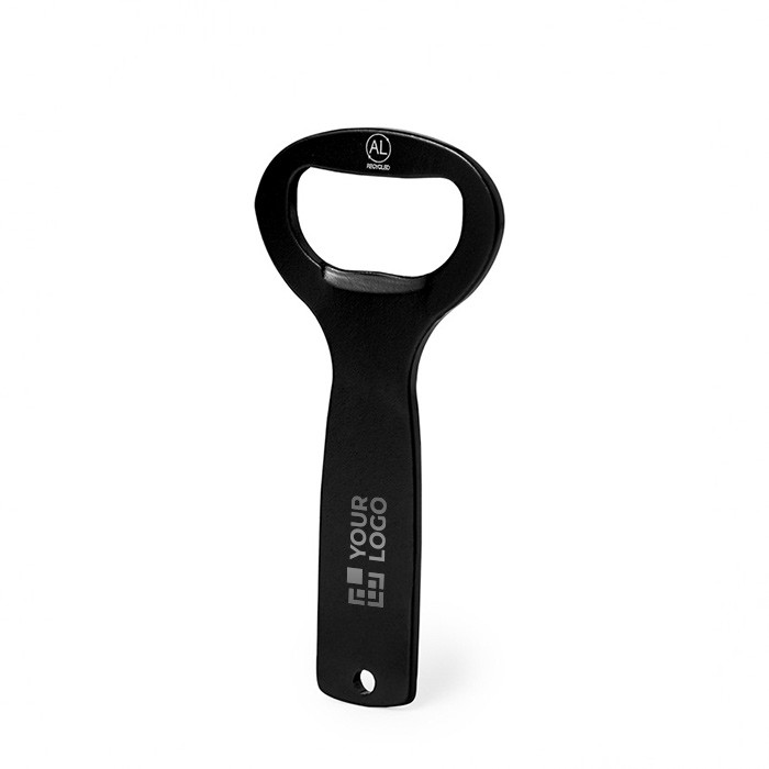 Abridor de aluminio reciclado con mango troquelado para colgar vista principal