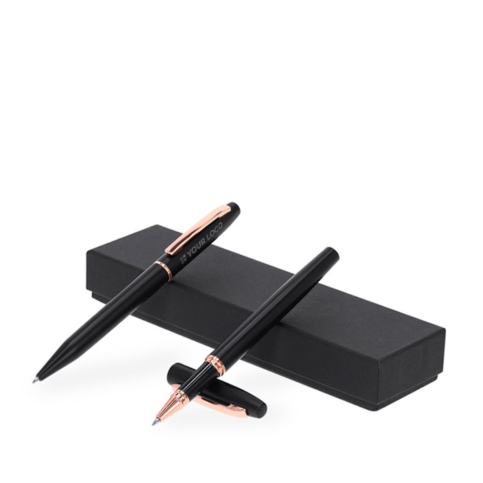 Bolígrafo y roller de aluminio reciclado en elegante estuche tinta azul vista principal