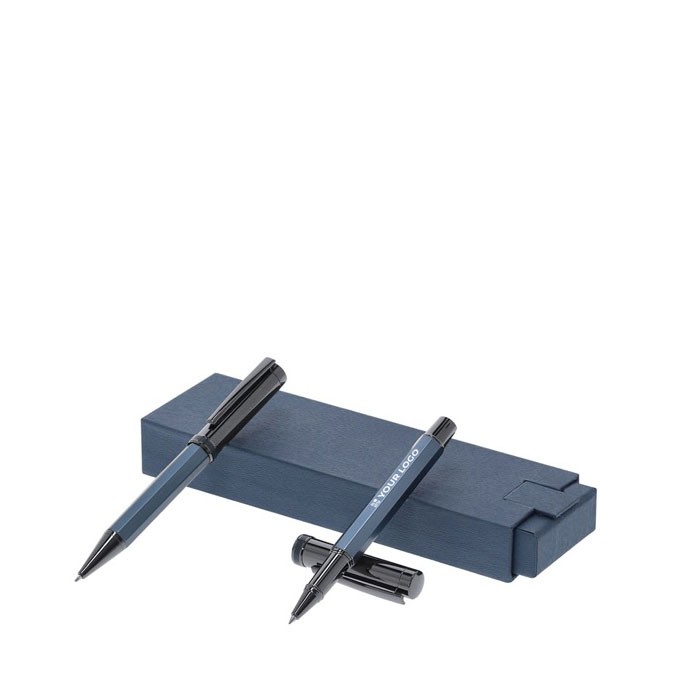 Elegante set de bolígrafo giratorio y roller con capucha de tinta azul vista principal