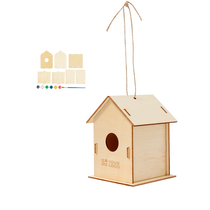 Casa de pájaros de madera con 6 pinturas a base de agua y pincel vista principal