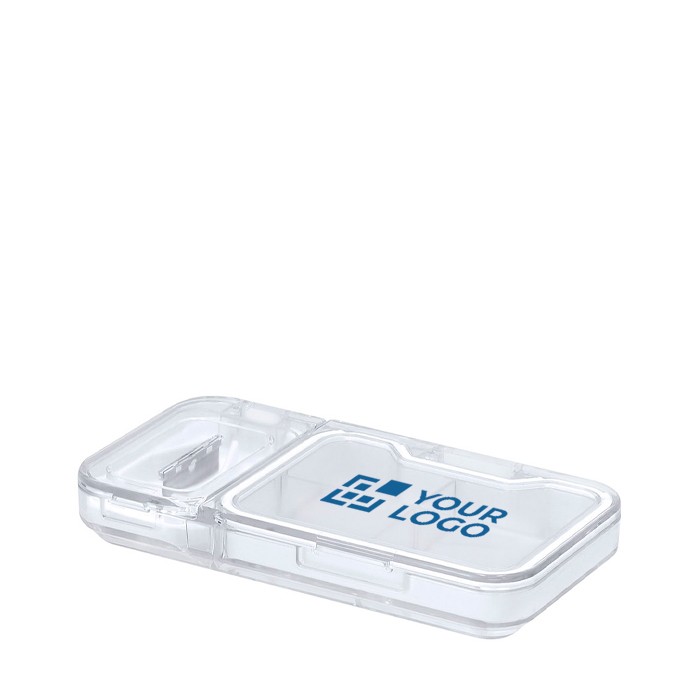 Pastillero con 4 compartimientos y cuchilla para partir pastillas vista principal Pastillero con 4 compartimientos y cuchilla para partir pastillas vista principal