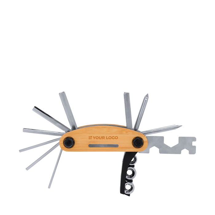Multiherramienta de acero inox y bambú con 15 funciones vista principal