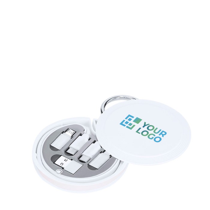 Estuche con mosquetón con distintos cables cargadores dentro vista principal