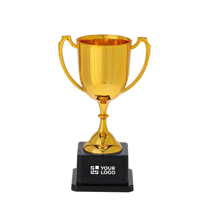 Típico trofeo de color dorado con 2 asas a los costados y base negra vista principal