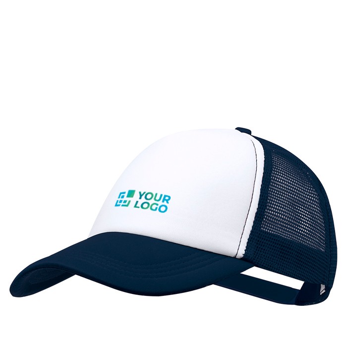 Gorra de poliéster estilo trucker de 5 paneles con cierre ajustable vista principal