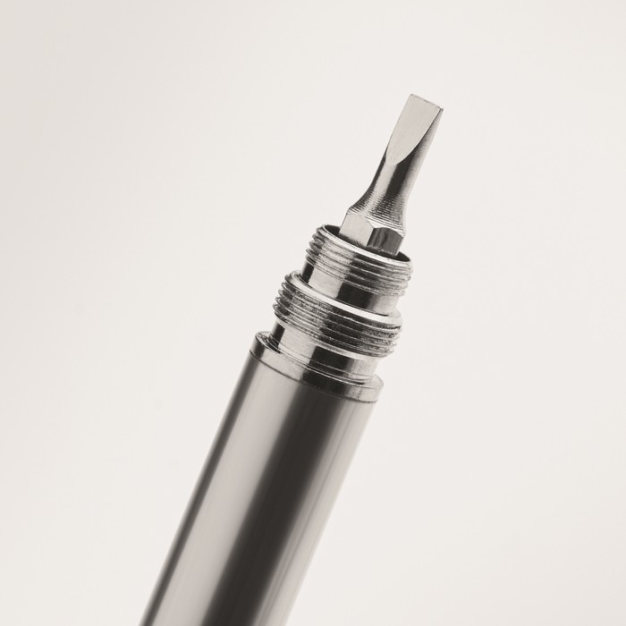 Bolígrafo giratorio de acero con miniherramientas tinta azul color negro vista fotografía septima vista