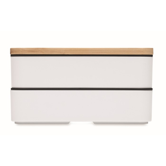 Fiambrera de 2 pisos de PP reciclado con separador y cubiertos 2x400ml color blanco sexta vista