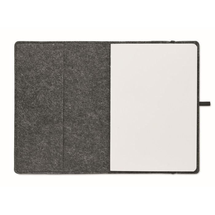 Libreta en fieltro RPET con papel reciclado A5 hojas a rayas color gris oscuro cuarta vista