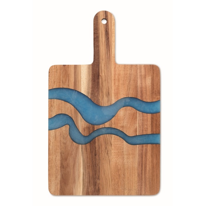 Tabla de servir de madera de acacia con detalle azul de resina epoxi color madera tercera vista