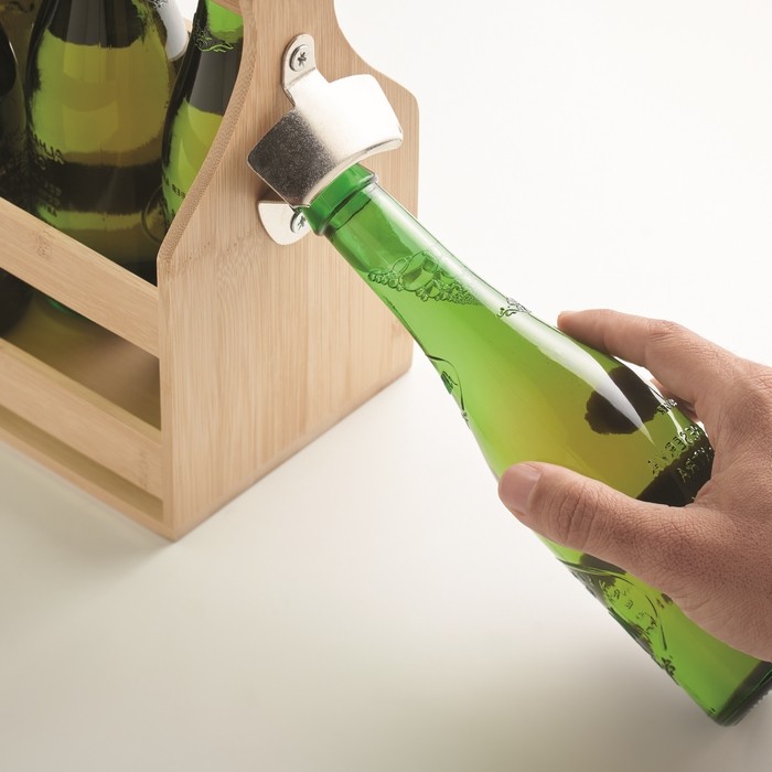 Caja cervecera de bambú con abridor y capacidad para 6 botellas color madera vista fotografía quinta vista Caja cervecera de bambú con abridor y capacidad para 6 botellas color madera vista fotografía quinta vista