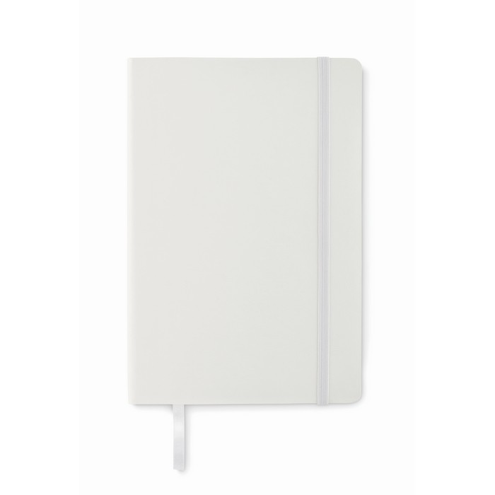 Libreta de PU reciclado con cinta marcapáginas y bolsillo interior A5 color blanco cuarta vista