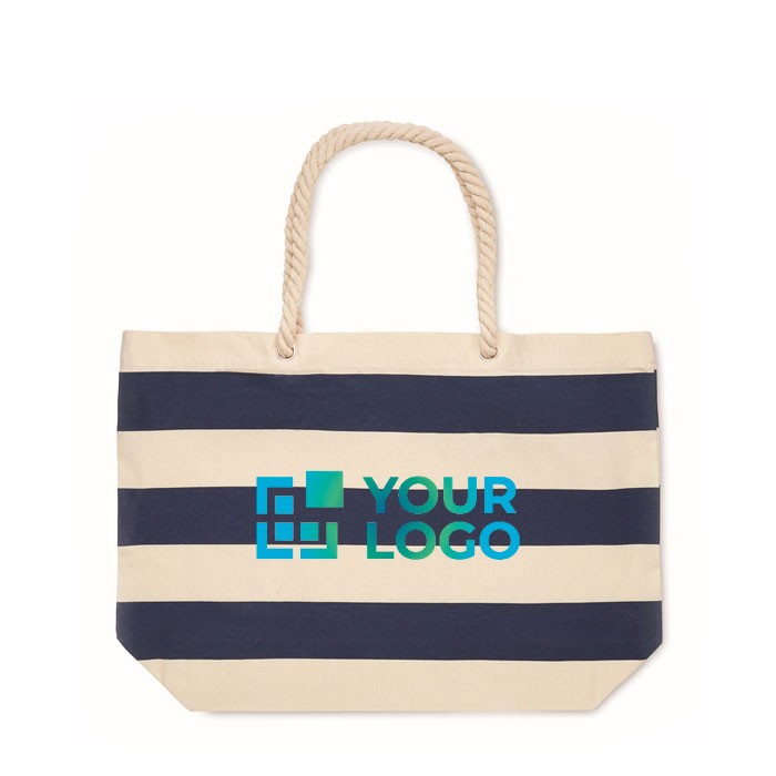 Bolsa para playa de algodón rayada con asas de cuerdas 220 g/m2 vista de impresión Bolsa para playa de algodón rayada con asas de cuerdas 220 g/m2 vista de impresión