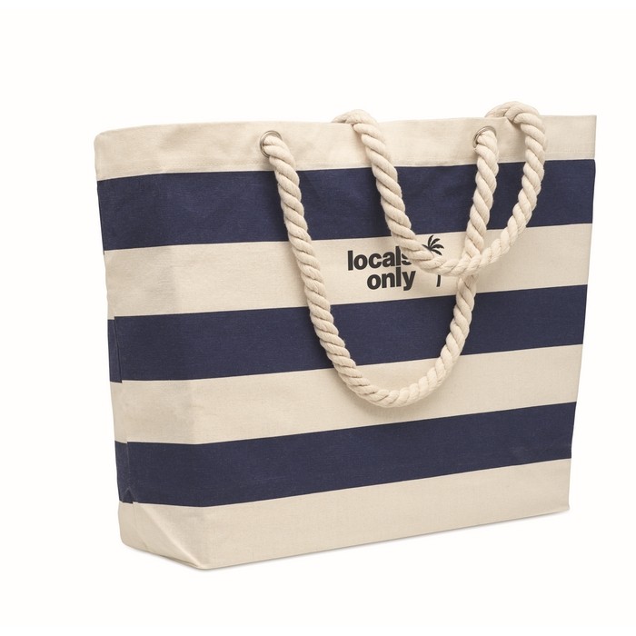 Bolsa para playa de algodón rayada con asas de cuerdas 220 g/m2 color azul vista principal Bolsa para playa de algodón rayada con asas de cuerdas 220 g/m2 color azul vista principal